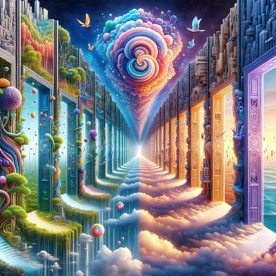 The primary subject of the image is a surreal, colorful painting featuring a long hallway with doors on both sides. The hallway is adorned with a variety of colorful and whimsical elements, such as a giant cake, a rainbow, and a large number of birds. The setting appears to be a fantastical, imaginative world, with the doors leading to different realms or dimensions. The visual style of the painting is a combination of digital art and illustration, creating a vibrant and captivating atmosphere. The dominant colors in the painting are bright and lively, with a focus on the warm hues of the rainbow and the cake. Overall, the image evokes a sense of wonder and curiosity, inviting the viewer to explore the enchanting world depicted in the painting.